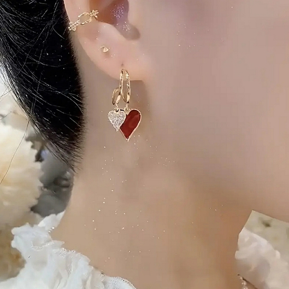 Red Heart Rhinestone Earrings - Picture 4 of 9